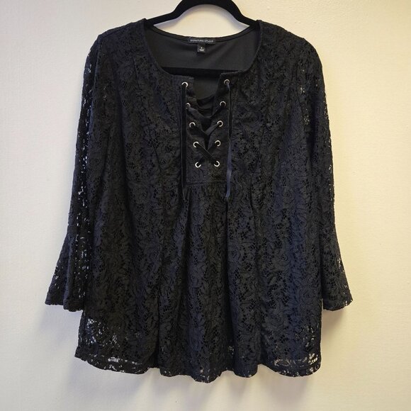 Black Lace Bell Sleeve Top Lace-Up Front S Witchy Whimsigoth Goth Vampire - Picture 1 of 9